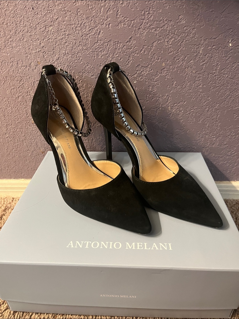 ANTONIO MELANI Black Suede Pointed Toe Crystal-Ankle Strap Pumps